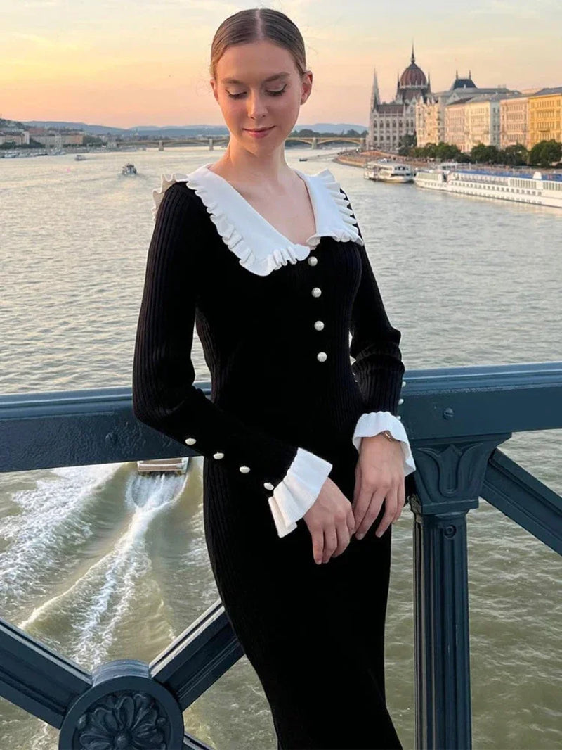 High Waist Ruffled Maxi Dresses for Women Autumn Winter Knitted Slim Long Dress Women'S Vintage Dress Woman Retro Elegant