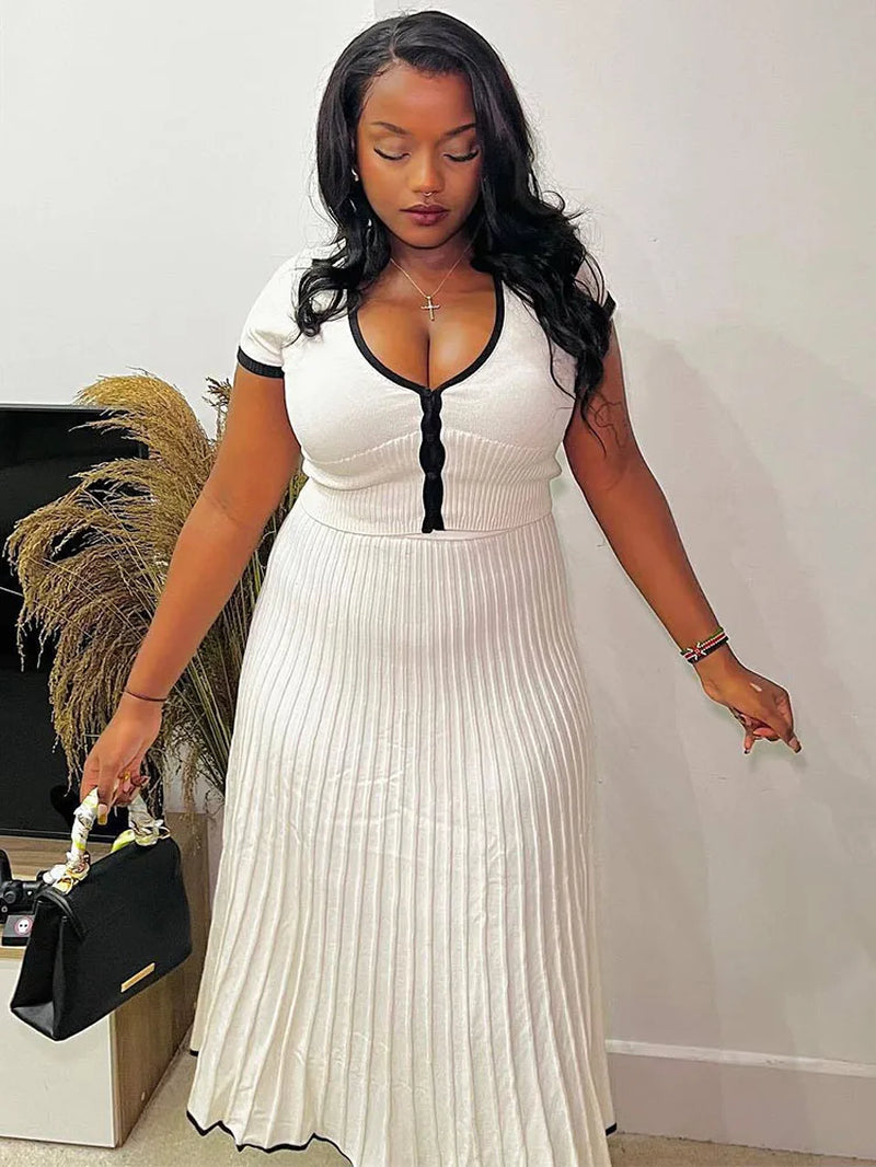 Ruffle Knitted Skirt Sets Women Summer Deep V Neck Crop Tops Female Holiday Elegant Dress Sets 2 Piece Womens Outfits New