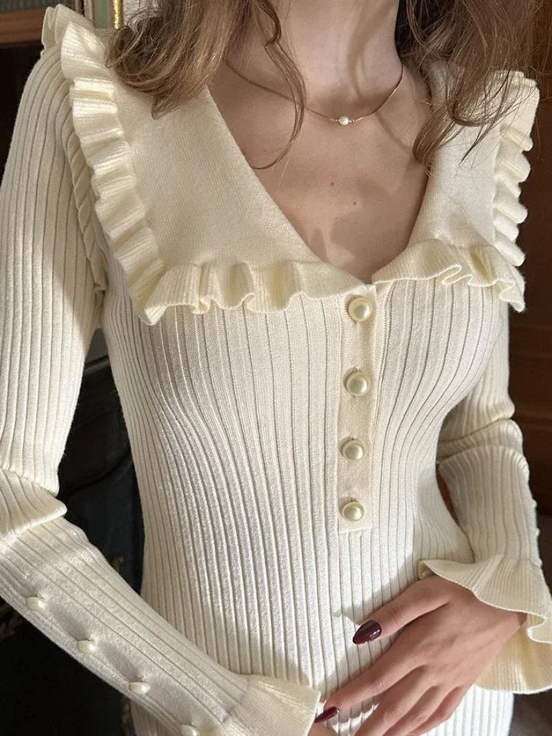 High Waist Ruffled Maxi Dresses for Women Autumn Winter Knitted Slim Long Dress Women'S Vintage Dress Woman Retro Elegant