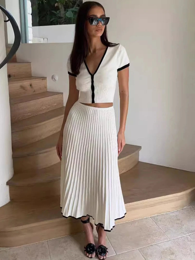 Ruffle Knitted Skirt Sets Women Summer Deep V Neck Crop Tops Female Holiday Elegant Dress Sets 2 Piece Womens Outfits New