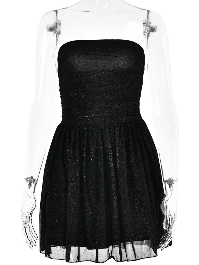 Artistic Sexy Mesh Double Layer Sleeveless Dress Women Zipper Tight Frills Shining Mini Female Elegant Party Club Evening Dress