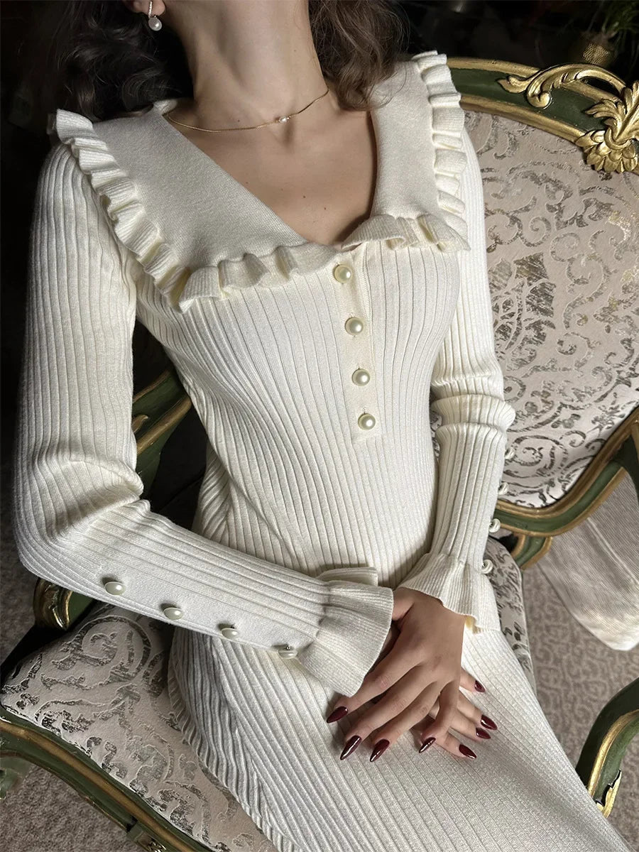 High Waist Ruffled Maxi Dresses for Women Autumn Winter Knitted Slim Long Dress Women'S Vintage Dress Woman Retro Elegant