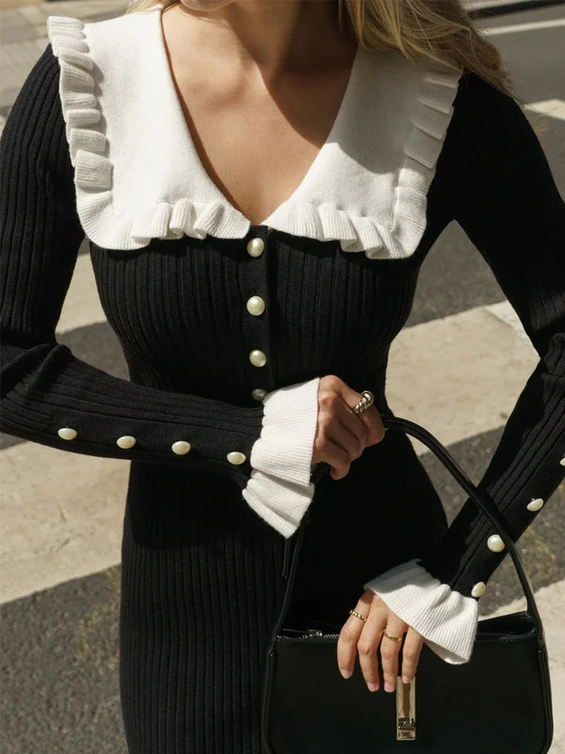 High Waist Ruffled Maxi Dresses for Women Autumn Winter Knitted Slim Long Dress Women'S Vintage Dress Woman Retro Elegant