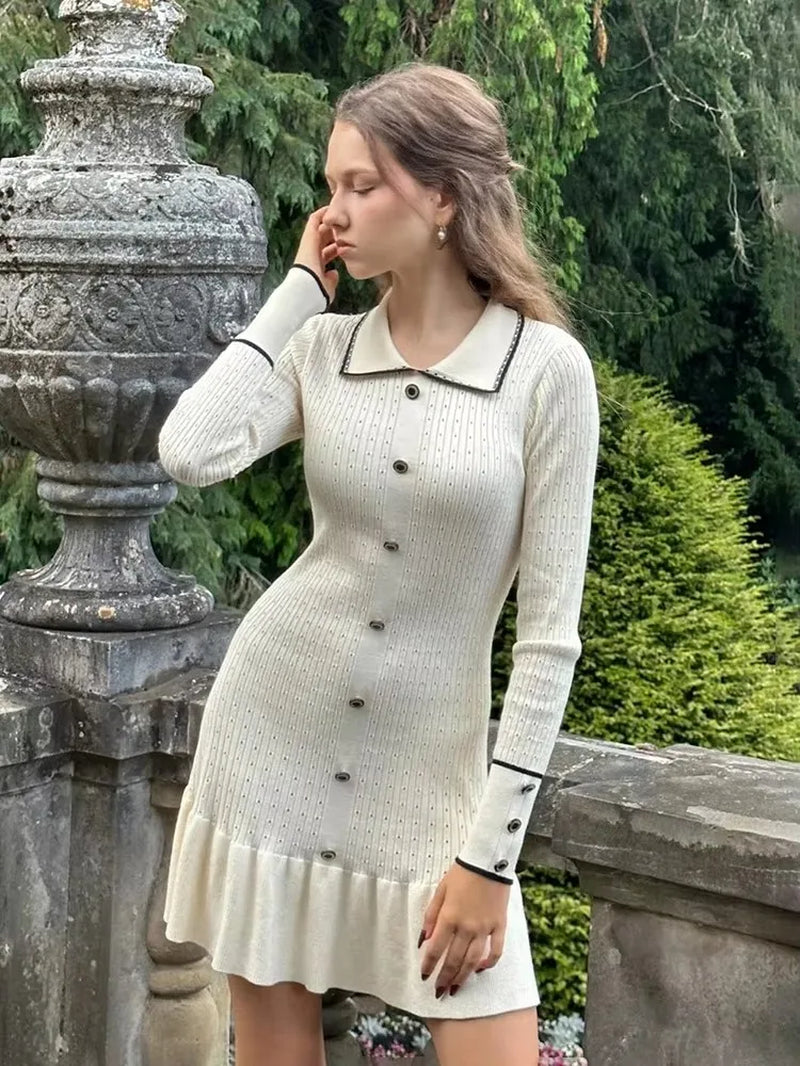 High Waist Ruffled Maxi Dresses for Women Autumn Winter Knitted Slim Long Dress Women'S Vintage Dress Woman Retro Elegant