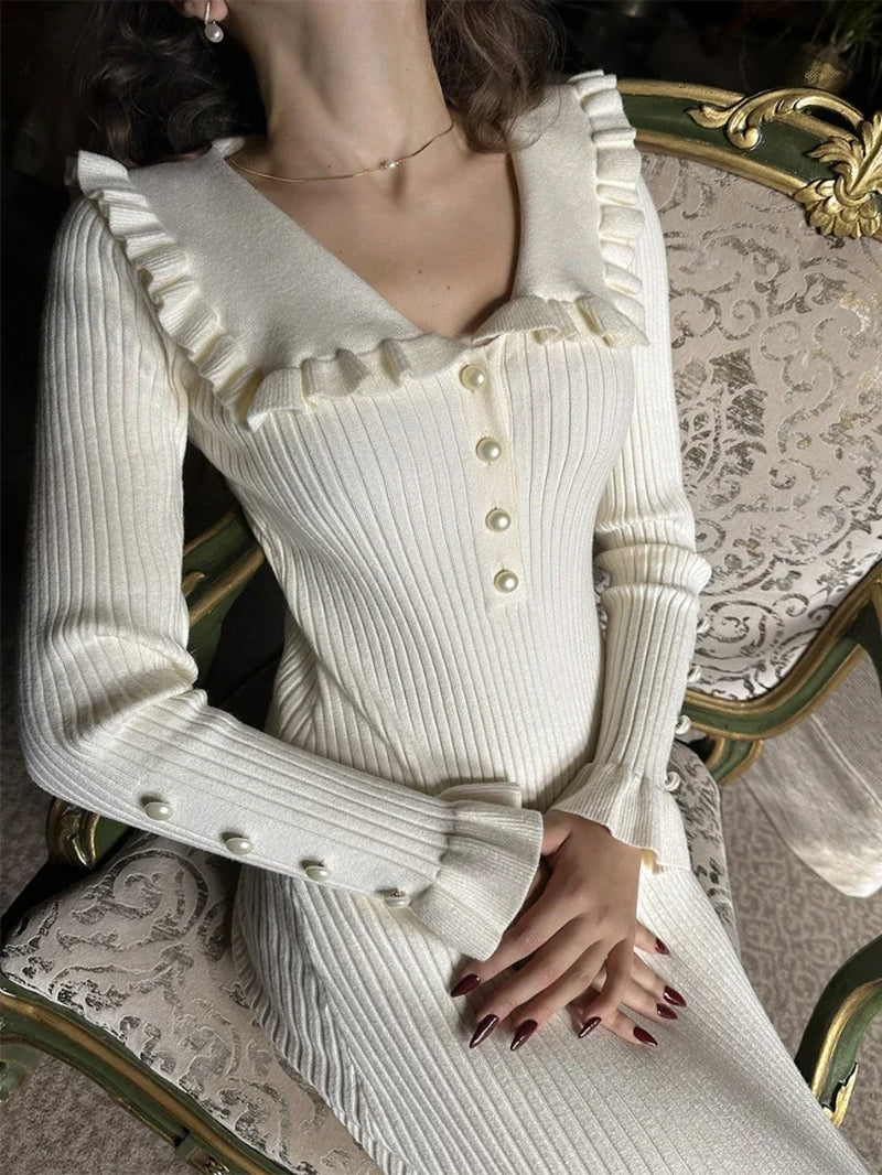 High Waist Ruffled Maxi Dresses for Women Autumn Winter Knitted Slim Long Dress Women'S Vintage Dress Woman Retro Elegant