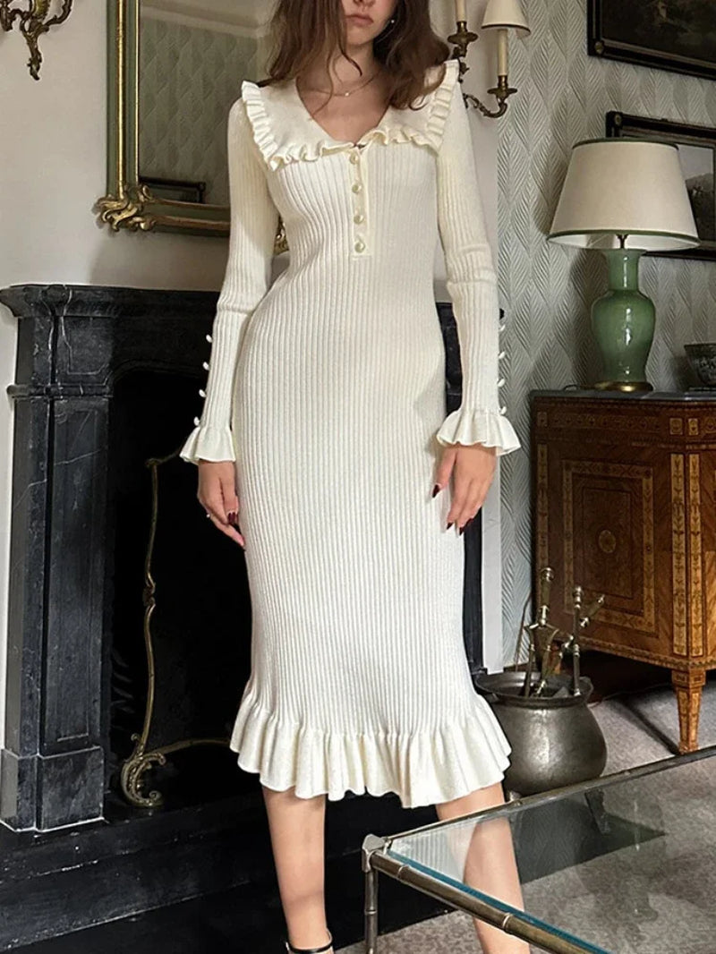 High Waist Ruffled Maxi Dresses for Women Autumn Winter Knitted Slim Long Dress Women'S Vintage Dress Woman Retro Elegant
